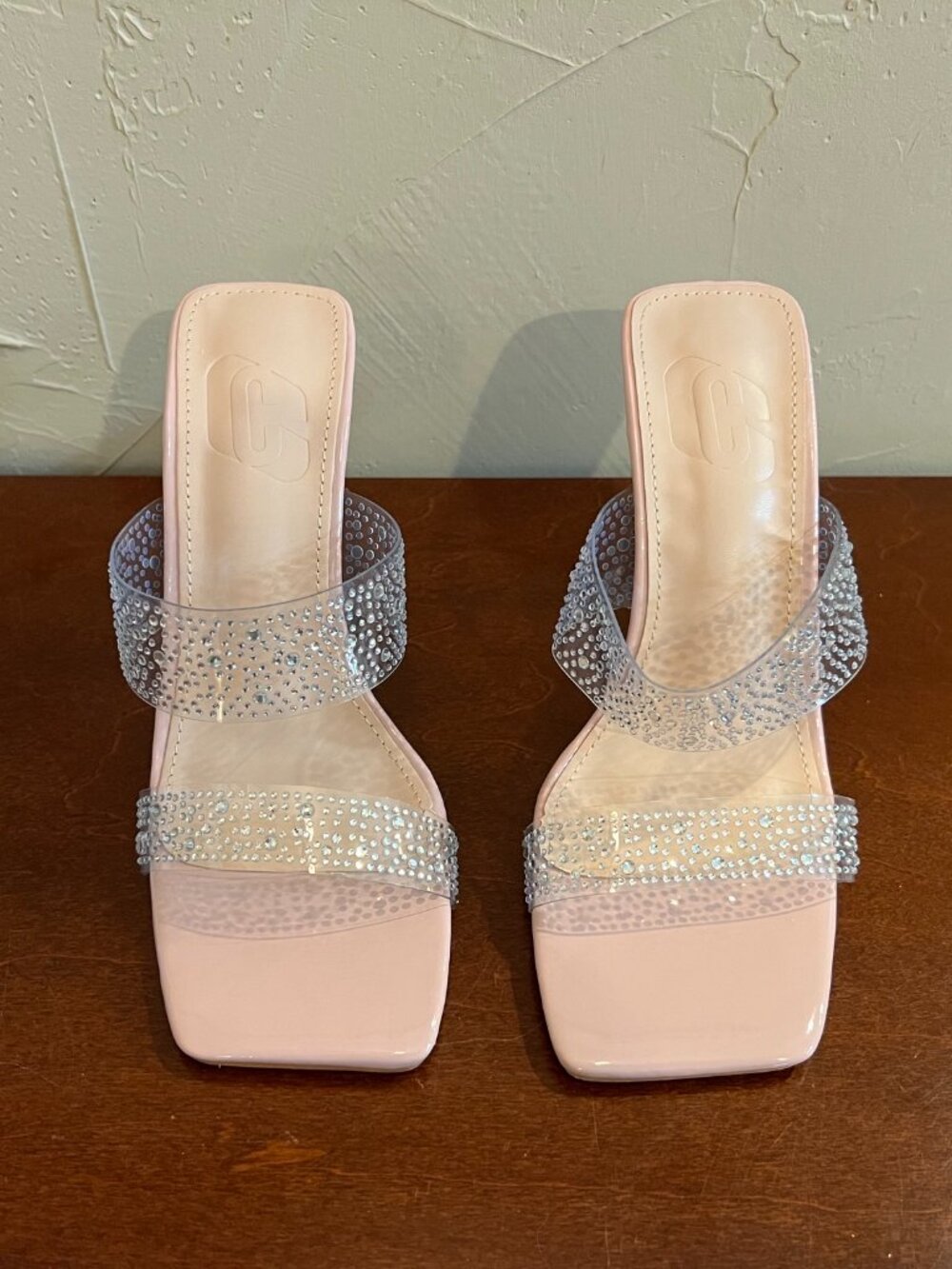 Women’s Clear Rhinestone Mule Heels Pink Square Toe Slip-On Sandals Size 6.5/37